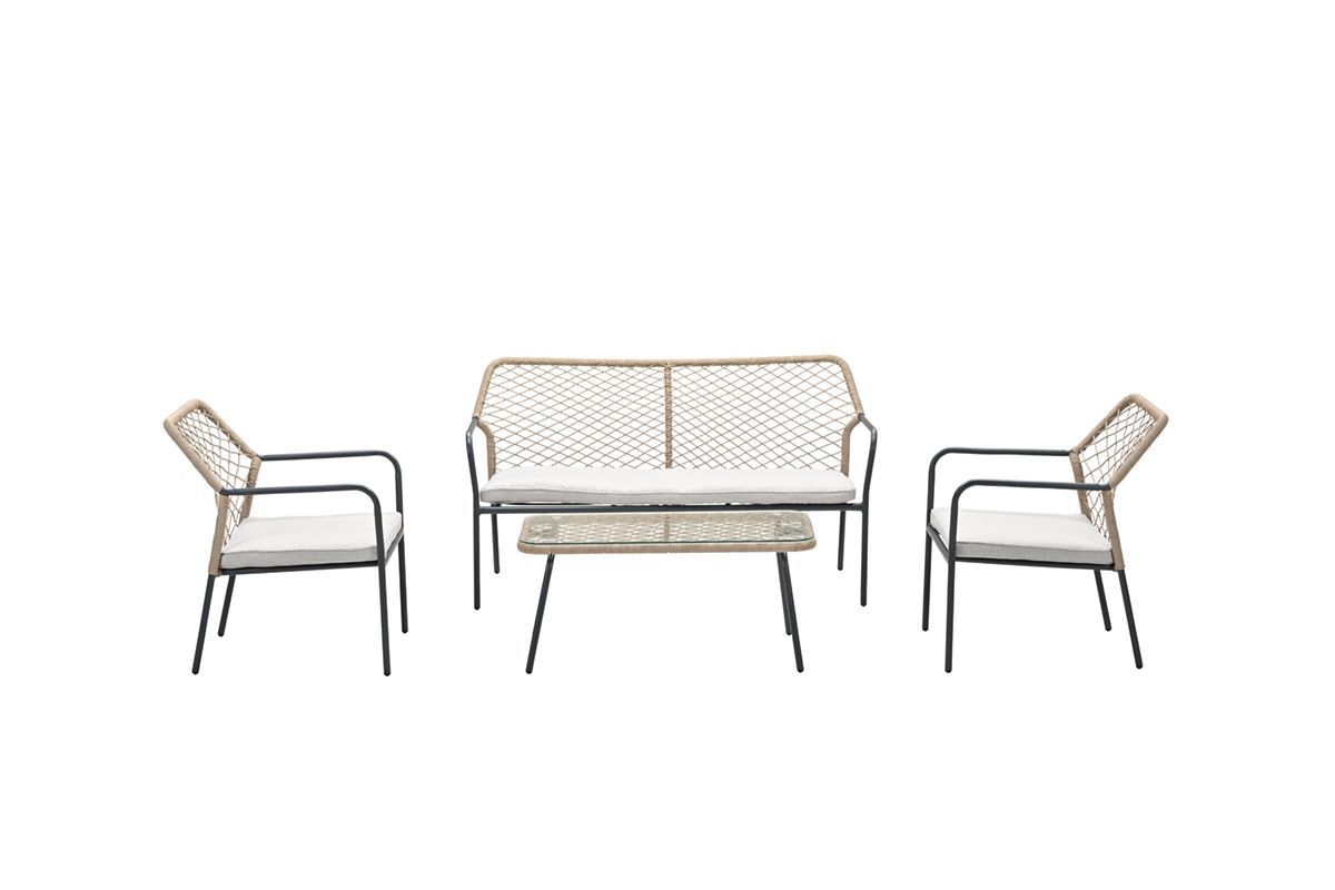 Turin lounge set - 4-pieces - carbon black -  TPU rope taupe - mid grey - light teak vironwood