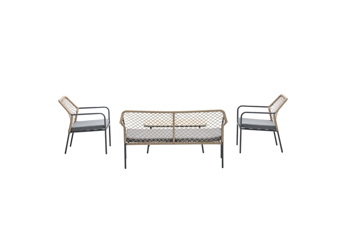 Turin lounge set - 4-pieces - carbon black -  TPU rope taupe - mid grey - light teak vironwood