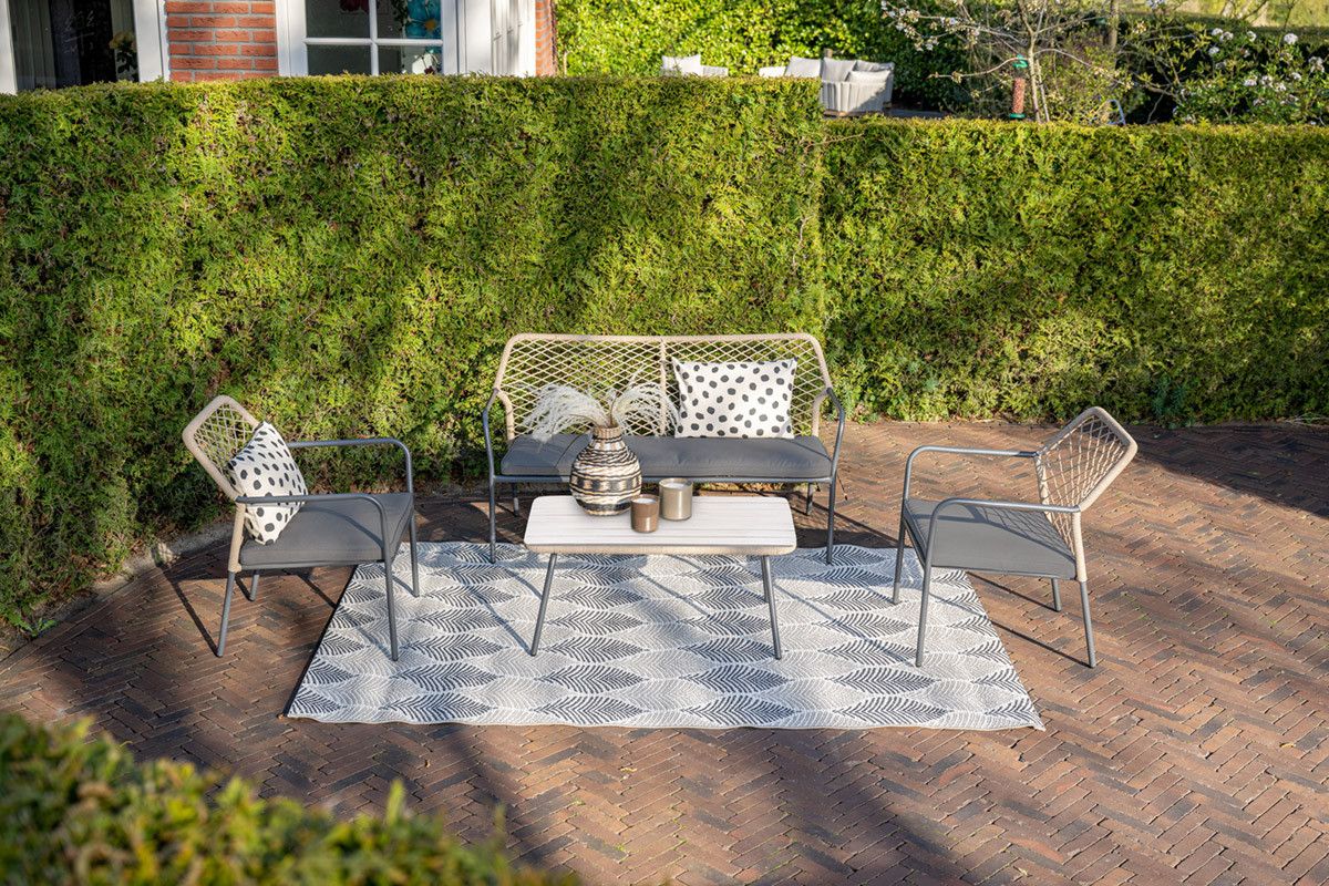 Turin lounge set - 4-pieces - carbon black -  TPU rope taupe - mid grey - light teak vironwood