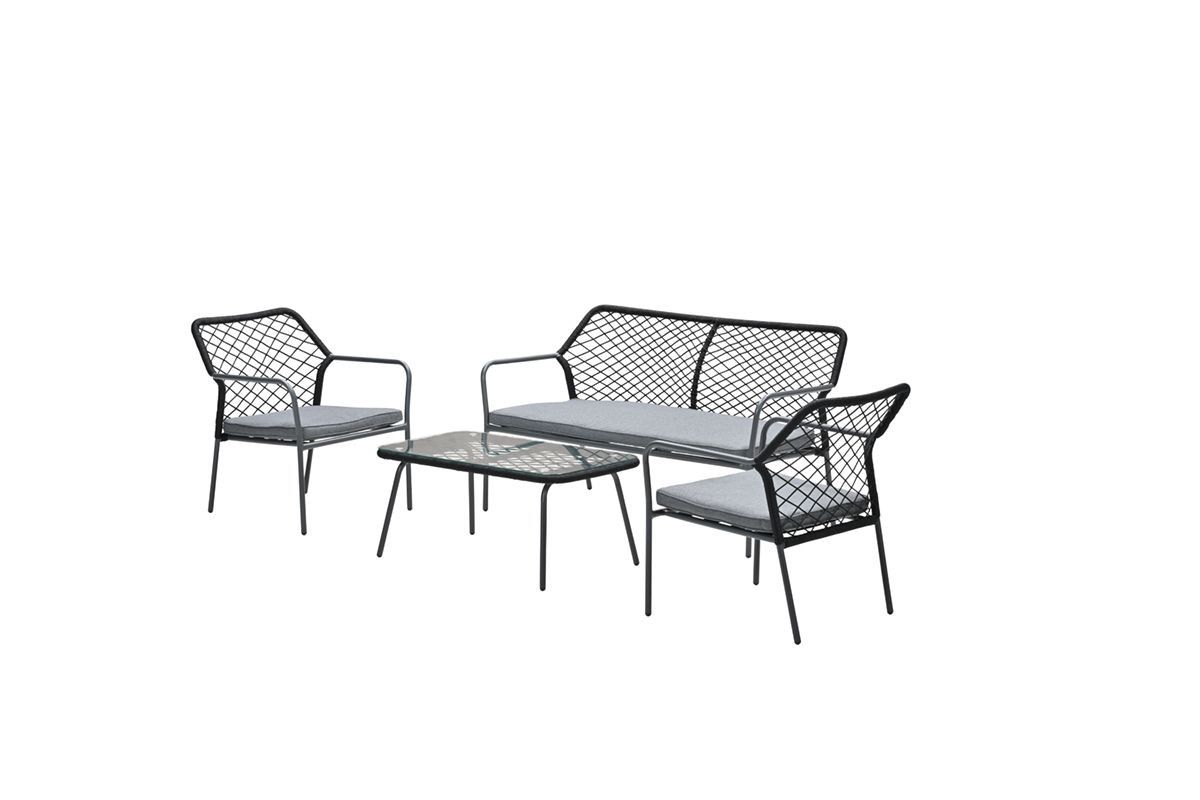 Turin lounge set - 4-pieces - carbon black -  TPU rope black - desert sand - light teak vironwood