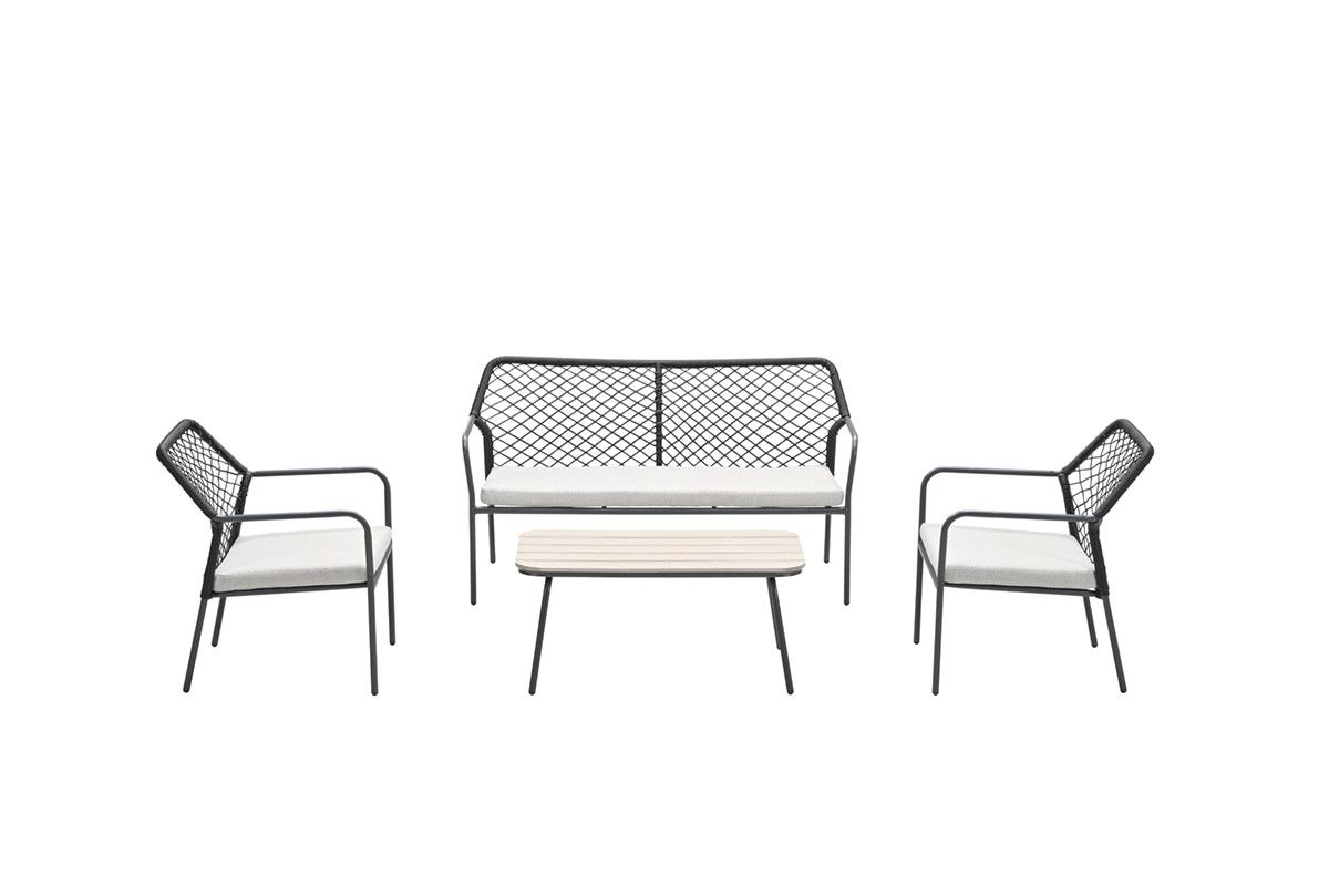 Turin lounge set - 4-pieces - carbon black -  TPU rope black - desert sand - light teak vironwood