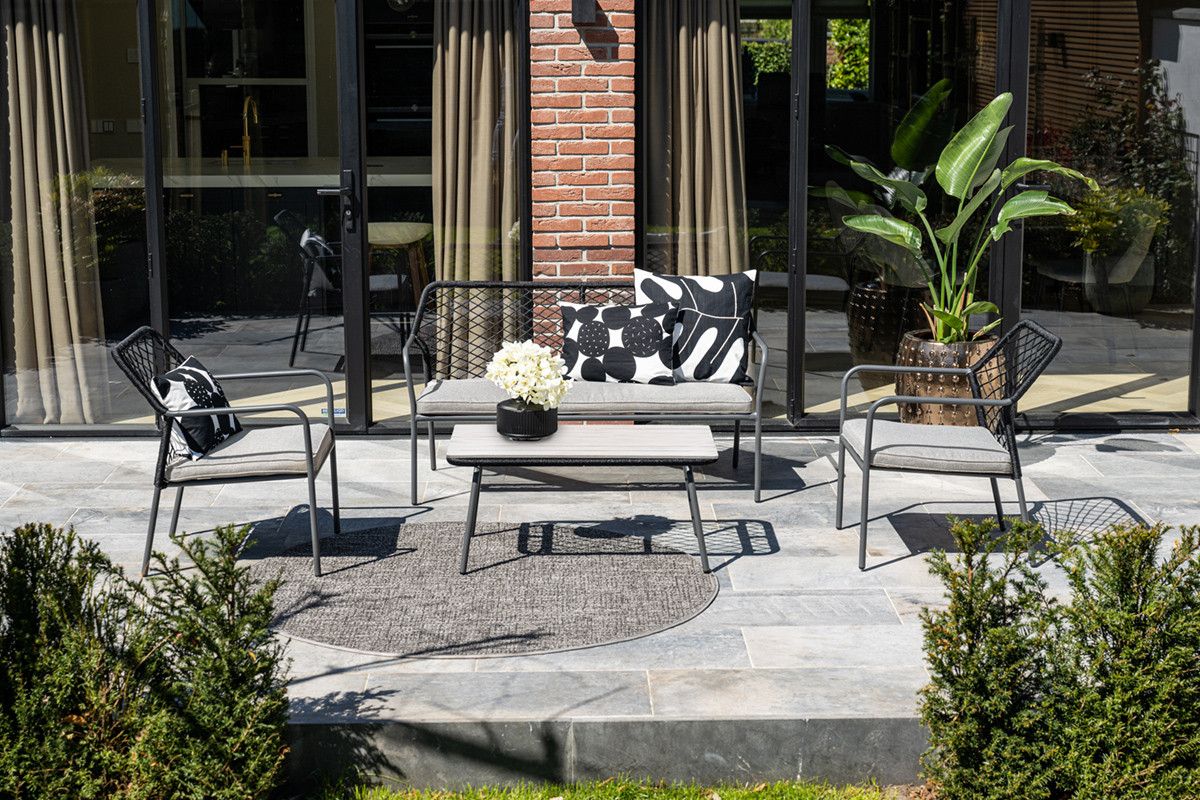 Turin lounge set - 4-pieces - carbon black -  TPU rope black - desert sand - light teak vironwood