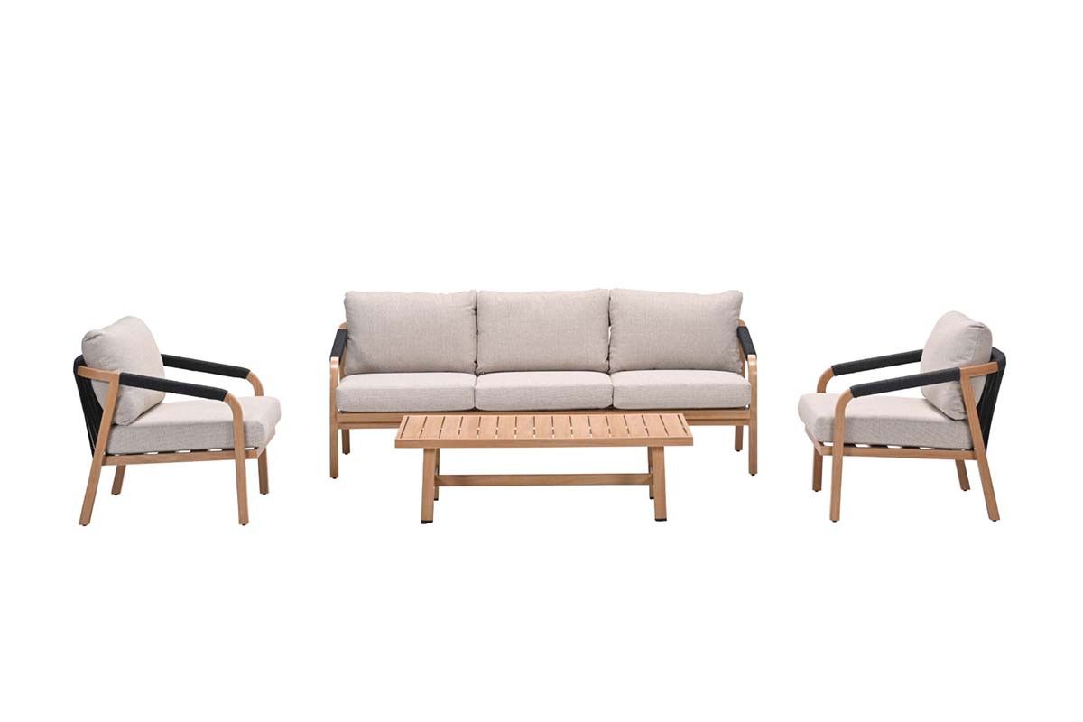 Monti loungeset - 4-pieces - light teak look - rope lava black - gobi sand