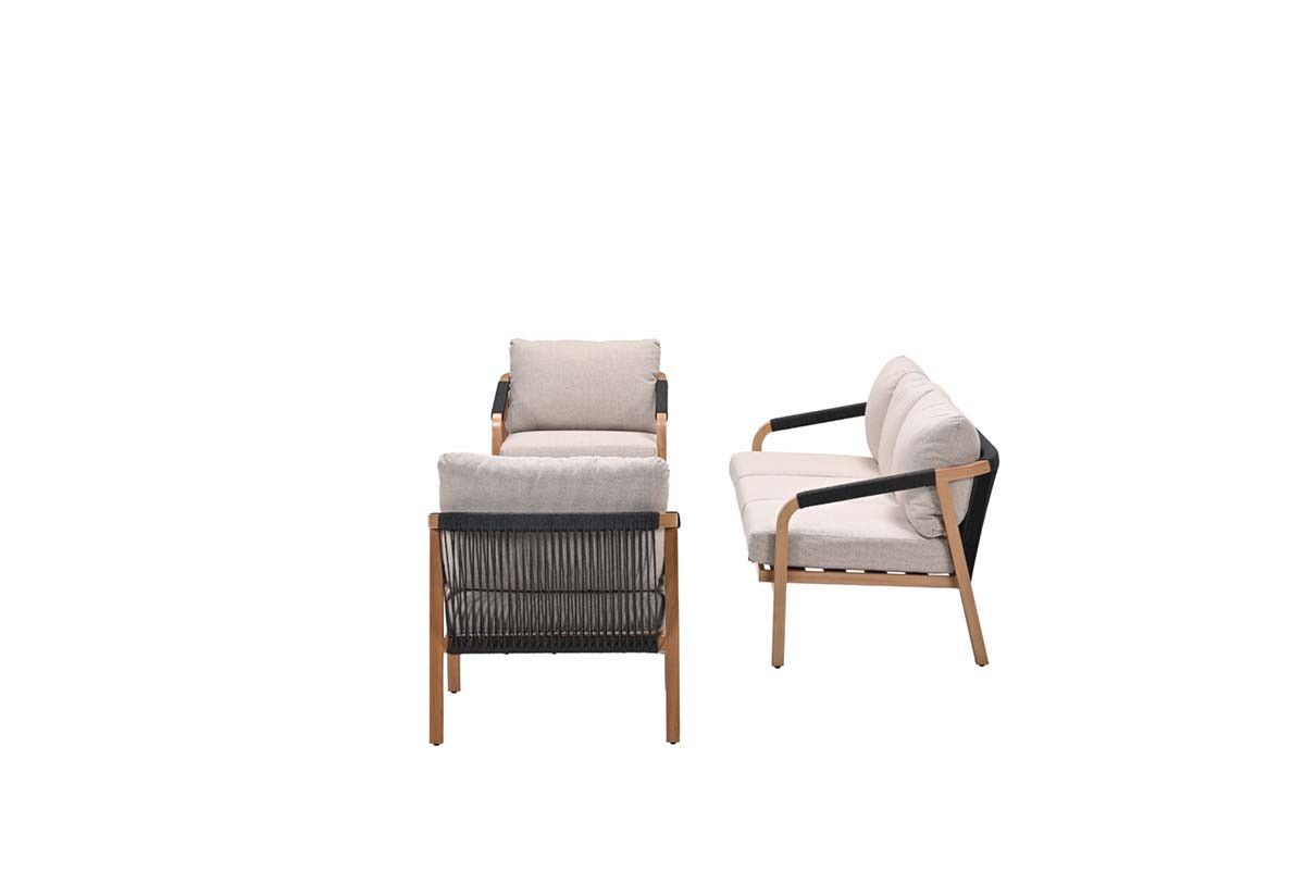 Monti loungeset - 4-pieces - light teak look - rope lava black - gobi sand
