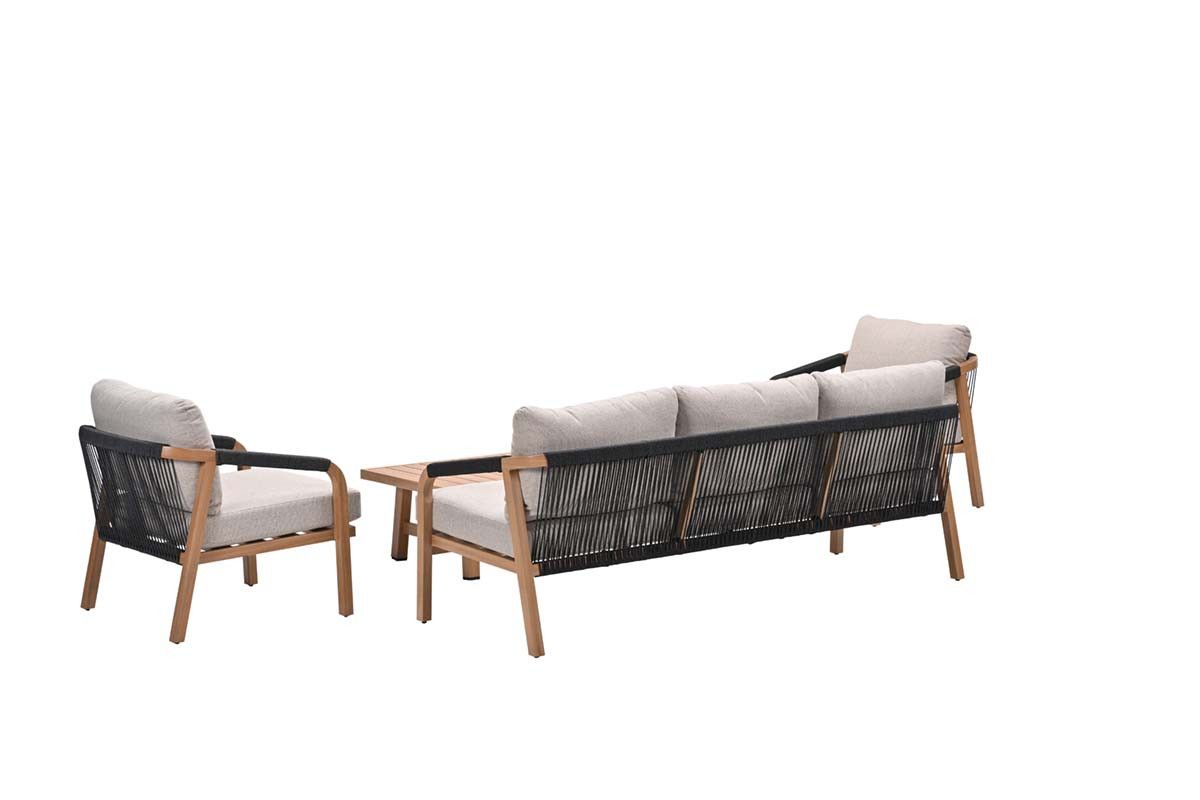Monti loungeset - 4-pieces - light teak look - rope lava black - gobi sand