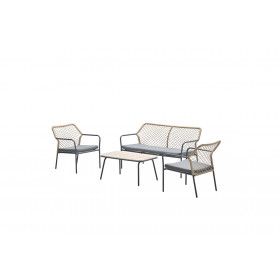 Turin lounge set - 4-pieces - carbon black -  TPU rope taupe - mid grey - light teak vironwood
