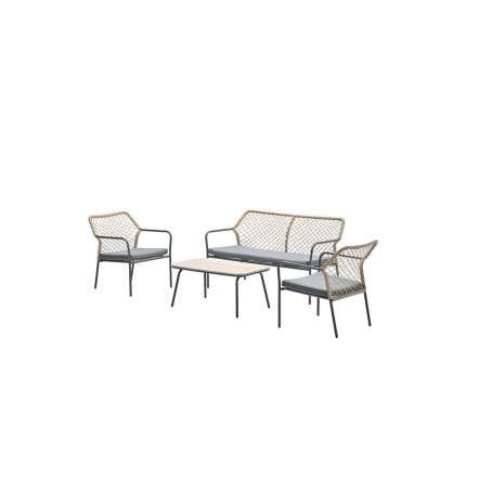 Turin lounge set - 4-pieces - carbon black -  TPU rope taupe - mid grey - light teak vironwood