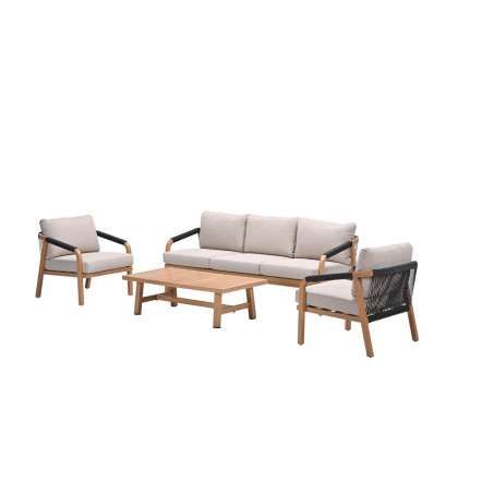 Monti loungeset - 4-pieces - light teak look - rope lava black - gobi sand