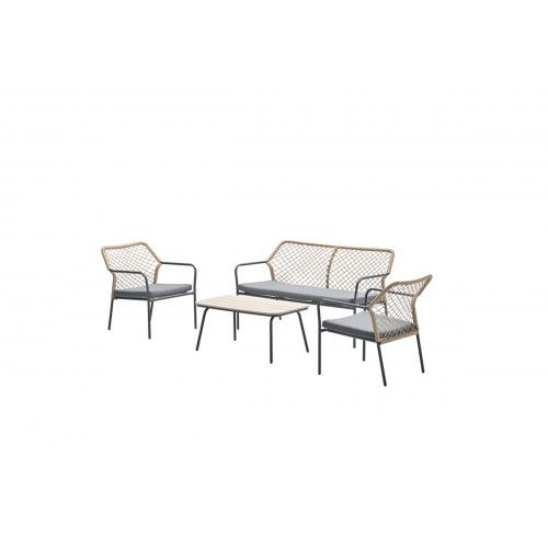 Turin lounge set - 4-pieces - carbon black -  TPU rope taupe - mid grey - light teak vironwood