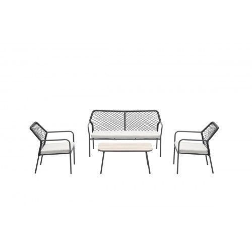Turin lounge set - 4-pieces - carbon black -  TPU rope black - desert sand - light teak vironwood