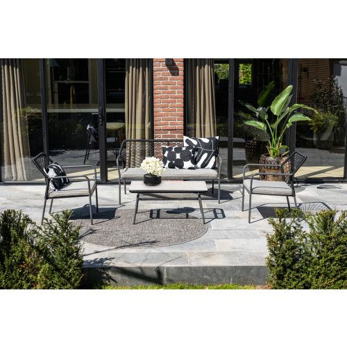 Turin lounge set - 4-pieces - carbon black -  TPU rope black - desert sand - light teak vironwood