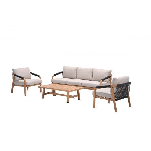 Monti loungeset - 4-pieces - light teak look - rope lava black - gobi sand