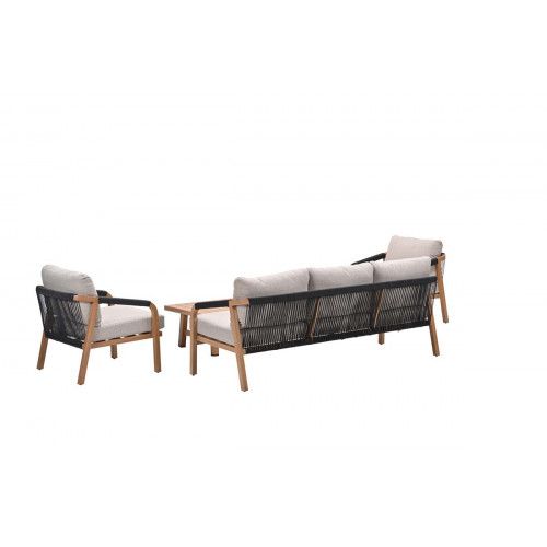Monti loungeset - 4-pieces - light teak look - rope lava black - gobi sand